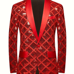 Men's Sequin Geometric Pattern Suit Jacket - One Button Blazer with Shawl Collar, Long Sleeves, and Pockets for Wedding and Banquet, Evening Wear|Elegant Suit|Polyester Fiber Jacket - SHOWLU FASHION STORE