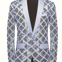 Men's Sequin Geometric Pattern Suit Jacket - One Button Blazer with Shawl Collar, Long Sleeves, and Pockets for Wedding and Banquet, Evening Wear|Elegant Suit|Polyester Fiber Jacket - SHOWLU FASHION STORE