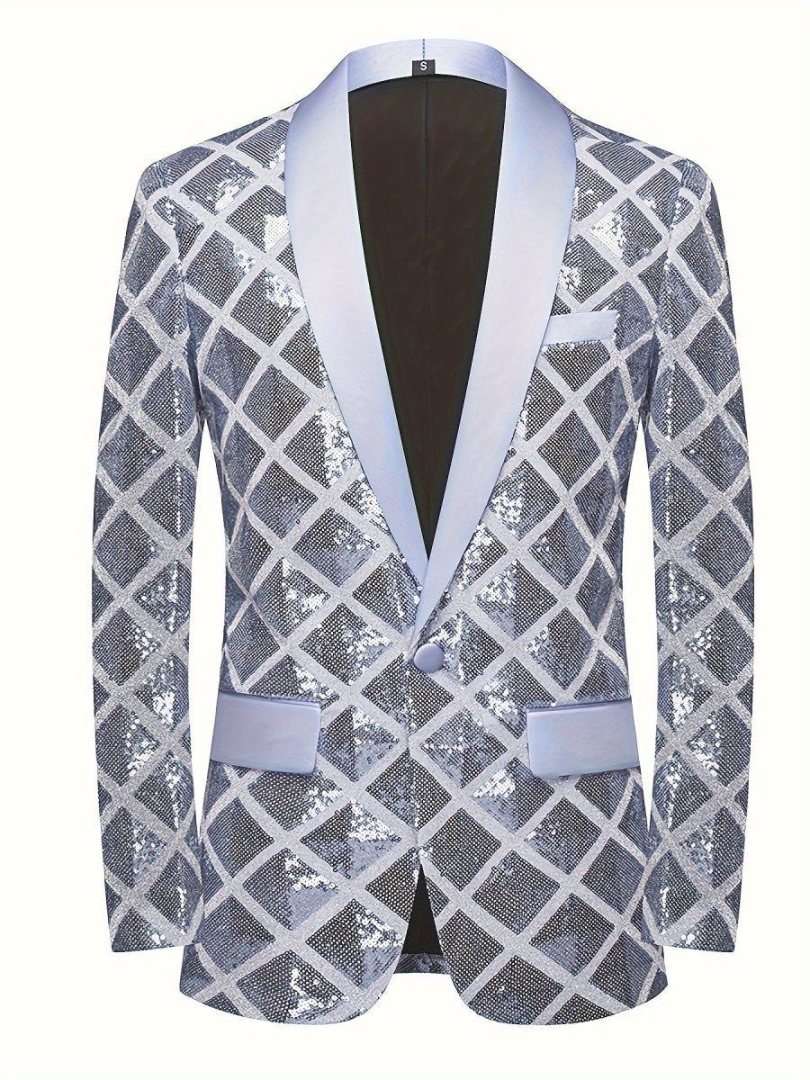 Men's Sequin Geometric Pattern Suit Jacket - One Button Blazer with Shawl Collar, Long Sleeves, and Pockets for Wedding and Banquet, Evening Wear|Elegant Suit|Polyester Fiber Jacket - SHOWLU FASHION STORE