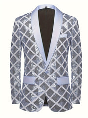 Men's Sequin Geometric Pattern Suit Jacket - One Button Blazer with Shawl Collar, Long Sleeves, and Pockets for Wedding and Banquet, Evening Wear|Elegant Suit|Polyester Fiber Jacket - SHOWLU FASHION STORE