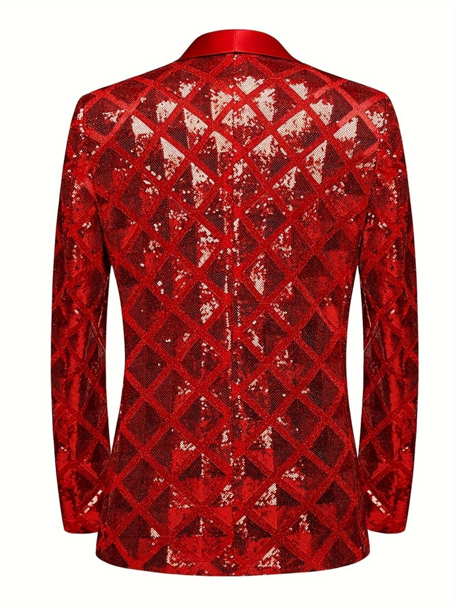 Men's Sequin Geometric Pattern Suit Jacket - One Button Blazer with Shawl Collar, Long Sleeves, and Pockets for Wedding and Banquet, Evening Wear|Elegant Suit|Polyester Fiber Jacket - SHOWLU FASHION STORE