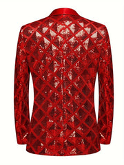 Men's Sequin Geometric Pattern Suit Jacket - One Button Blazer with Shawl Collar, Long Sleeves, and Pockets for Wedding and Banquet, Evening Wear|Elegant Suit|Polyester Fiber Jacket - SHOWLU FASHION STORE