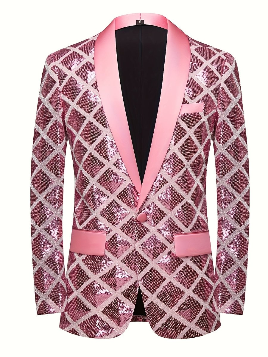 Men's Sequin Geometric Pattern Suit Jacket - One Button Blazer with Shawl Collar, Long Sleeves, and Pockets for Wedding and Banquet, Evening Wear|Elegant Suit|Polyester Fiber Jacket - SHOWLU FASHION STORE