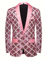 Men's Sequin Geometric Pattern Suit Jacket - One Button Blazer with Shawl Collar, Long Sleeves, and Pockets for Wedding and Banquet, Evening Wear|Elegant Suit|Polyester Fiber Jacket - SHOWLU FASHION STORE