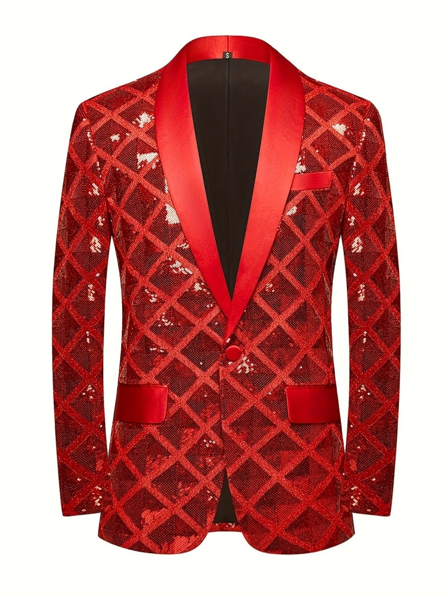 Men's Sequin Geometric Pattern Suit Jacket - One Button Blazer with Shawl Collar, Long Sleeves, and Pockets for Wedding and Banquet, Evening Wear|Elegant Suit|Polyester Fiber Jacket - SHOWLU FASHION STORE