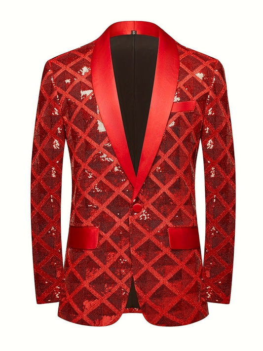 Men's Sequin Geometric Pattern Suit Jacket - One Button Blazer with Shawl Collar, Long Sleeves, and Pockets for Wedding and Banquet, Evening Wear|Elegant Suit|Polyester Fiber Jacket - SHOWLU FASHION STORE