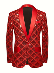 Men's Sequin Geometric Pattern Suit Jacket - One Button Blazer with Shawl Collar, Long Sleeves, and Pockets for Wedding and Banquet, Evening Wear|Elegant Suit|Polyester Fiber Jacket - SHOWLU FASHION STORE