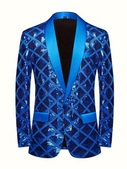 Men's Sequin Geometric Pattern Suit Jacket - One Button Blazer with Shawl Collar, Long Sleeves, and Pockets for Wedding and Banquet, Evening Wear|Elegant Suit|Polyester Fiber Jacket - SHOWLU FASHION STORE