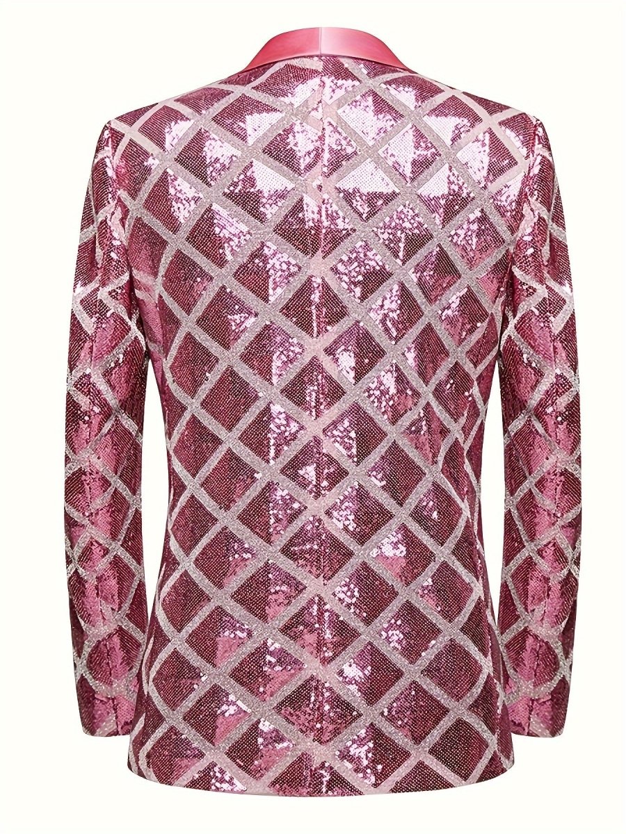 Men's Sequin Geometric Pattern Suit Jacket - One Button Blazer with Shawl Collar, Long Sleeves, and Pockets for Wedding and Banquet, Evening Wear|Elegant Suit|Polyester Fiber Jacket - SHOWLU FASHION STORE