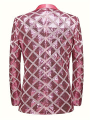 Men's Sequin Geometric Pattern Suit Jacket - One Button Blazer with Shawl Collar, Long Sleeves, and Pockets for Wedding and Banquet, Evening Wear|Elegant Suit|Polyester Fiber Jacket - SHOWLU FASHION STORE