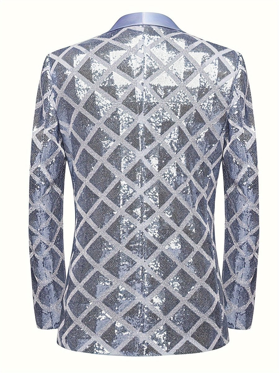 Men's Sequin Geometric Pattern Suit Jacket - One Button Blazer with Shawl Collar, Long Sleeves, and Pockets for Wedding and Banquet, Evening Wear|Elegant Suit|Polyester Fiber Jacket - SHOWLU FASHION STORE