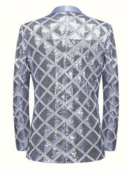 Men's Sequin Geometric Pattern Suit Jacket - One Button Blazer with Shawl Collar, Long Sleeves, and Pockets for Wedding and Banquet, Evening Wear|Elegant Suit|Polyester Fiber Jacket - SHOWLU FASHION STORE