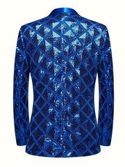 Men's Sequin Geometric Pattern Suit Jacket - One Button Blazer with Shawl Collar, Long Sleeves, and Pockets for Wedding and Banquet, Evening Wear|Elegant Suit|Polyester Fiber Jacket - SHOWLU FASHION STORE