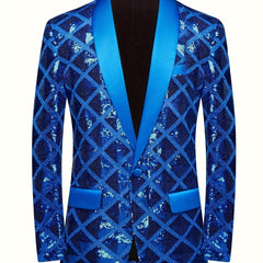 Men's Sequin Geometric Pattern Suit Jacket - One Button Blazer with Shawl Collar, Long Sleeves, and Pockets for Wedding and Banquet, Evening Wear|Elegant Suit|Polyester Fiber Jacket - SHOWLU FASHION STORE