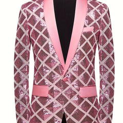 Men's Sequin Geometric Pattern Suit Jacket - One Button Blazer with Shawl Collar, Long Sleeves, and Pockets for Wedding and Banquet, Evening Wear|Elegant Suit|Polyester Fiber Jacket - SHOWLU FASHION STORE