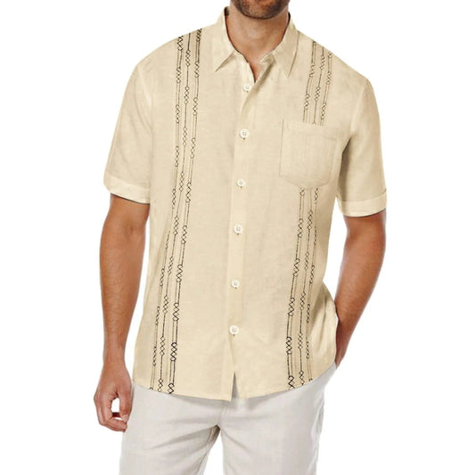 Men's Short Sleeve Linen Shirt Cuban Beach Tops Pocket Guayabera Shirts Social dress shirt Solid Shirts Flower Holiday - SHOWLU FASHION STORE