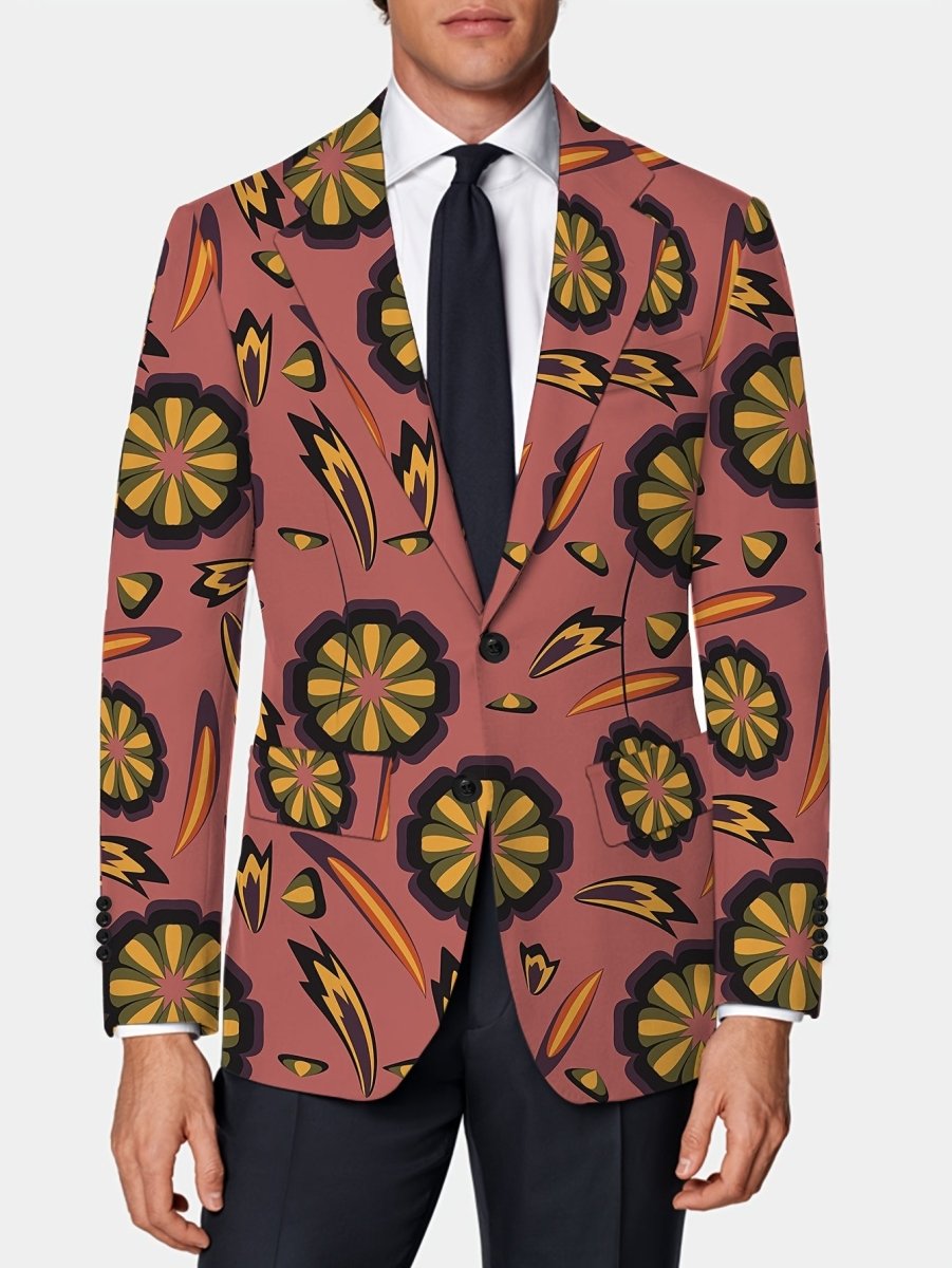 Men'S Skinny Fit Floral Suit Jacket, Polyester Blend with Elastane, Mature Style Lapel Collar, All - Season Versatile, Button Detail, Woven Fabric - Classic Comfort and Elegant Design - SHOWLU FASHION STORE