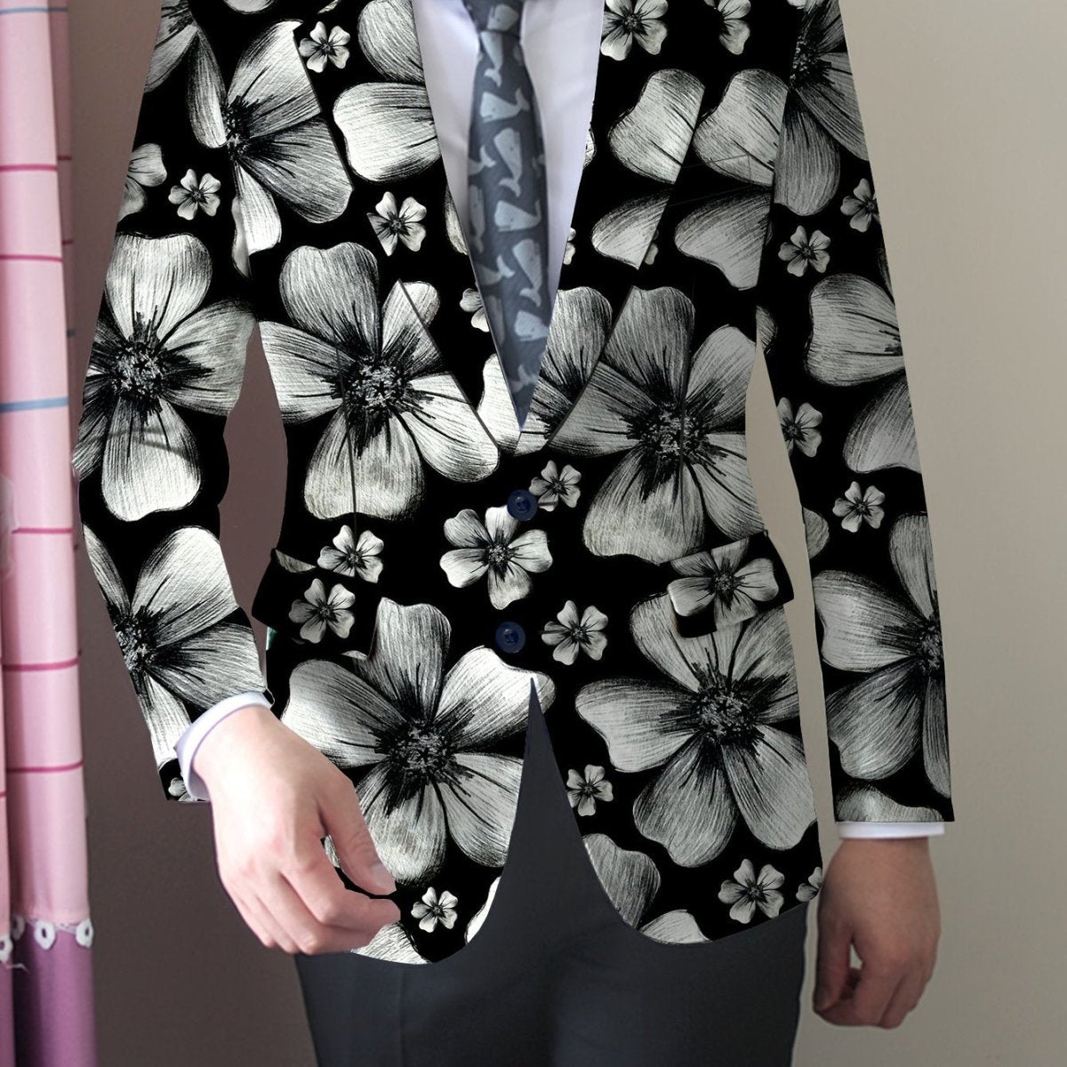 Men'S Skinny Fit Floral Suit Jacket, Polyester Blend with Elastane, Mature Style Lapel Collar, All - Season Versatile, Button Detail, Woven Fabric - Classic Comfort and Elegant Design - SHOWLU FASHION STORE