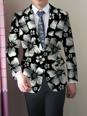 Men'S Skinny Fit Floral Suit Jacket, Polyester Blend with Elastane, Mature Style Lapel Collar, All - Season Versatile, Button Detail, Woven Fabric - Classic Comfort and Elegant Design - SHOWLU FASHION STORE