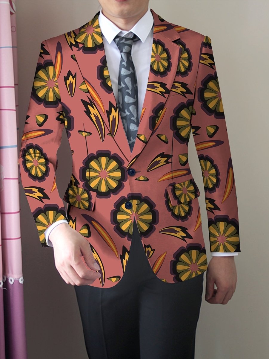 Men'S Skinny Fit Floral Suit Jacket, Polyester Blend with Elastane, Mature Style Lapel Collar, All - Season Versatile, Button Detail, Woven Fabric - Classic Comfort and Elegant Design - SHOWLU FASHION STORE