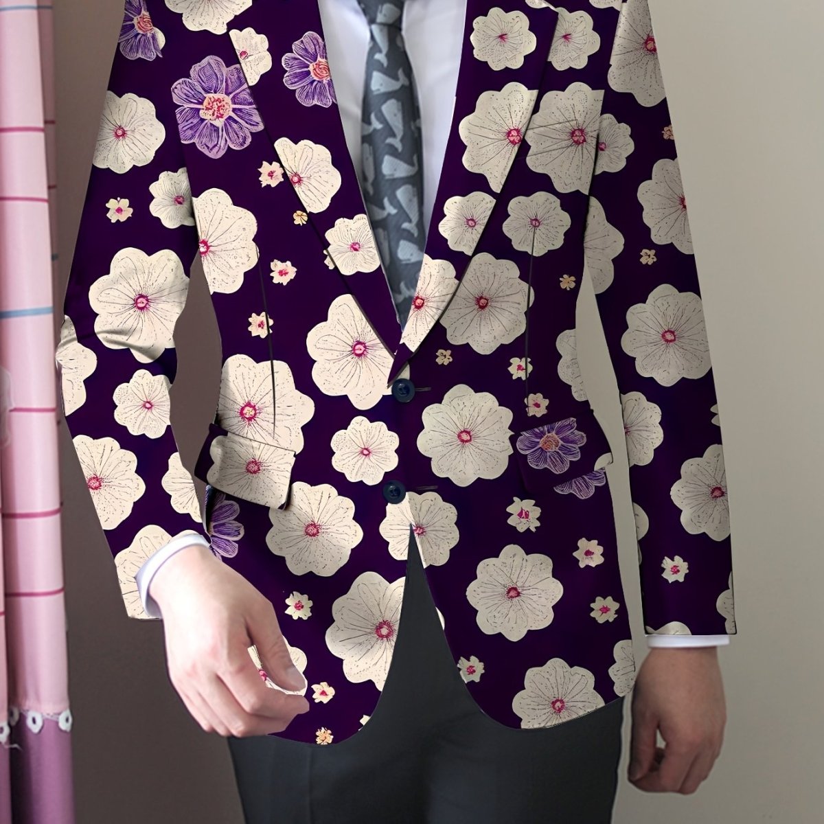Men'S Skinny Fit Floral Suit Jacket, Polyester Blend with Elastane, Mature Style Lapel Collar, All - Season Versatile, Button Detail, Woven Fabric - Classic Comfort and Elegant Design - SHOWLU FASHION STORE