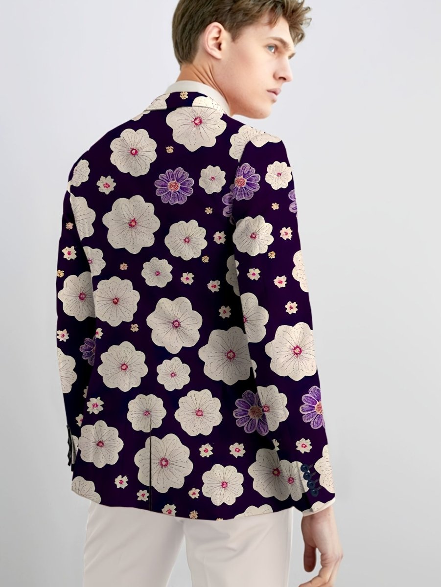 Men'S Skinny Fit Floral Suit Jacket, Polyester Blend with Elastane, Mature Style Lapel Collar, All - Season Versatile, Button Detail, Woven Fabric - Classic Comfort and Elegant Design - SHOWLU FASHION STORE