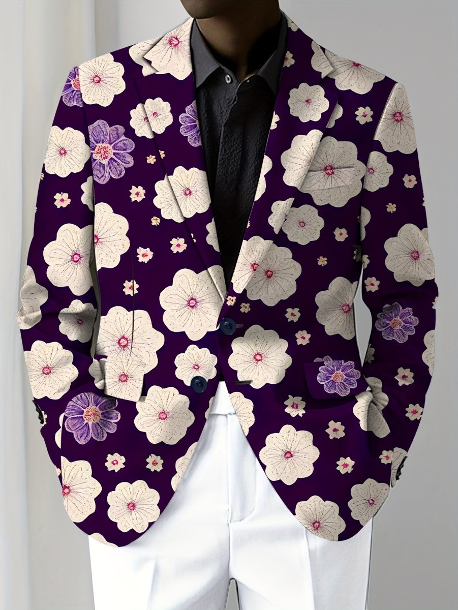 Men'S Skinny Fit Floral Suit Jacket, Polyester Blend with Elastane, Mature Style Lapel Collar, All - Season Versatile, Button Detail, Woven Fabric - Classic Comfort and Elegant Design - SHOWLU FASHION STORE