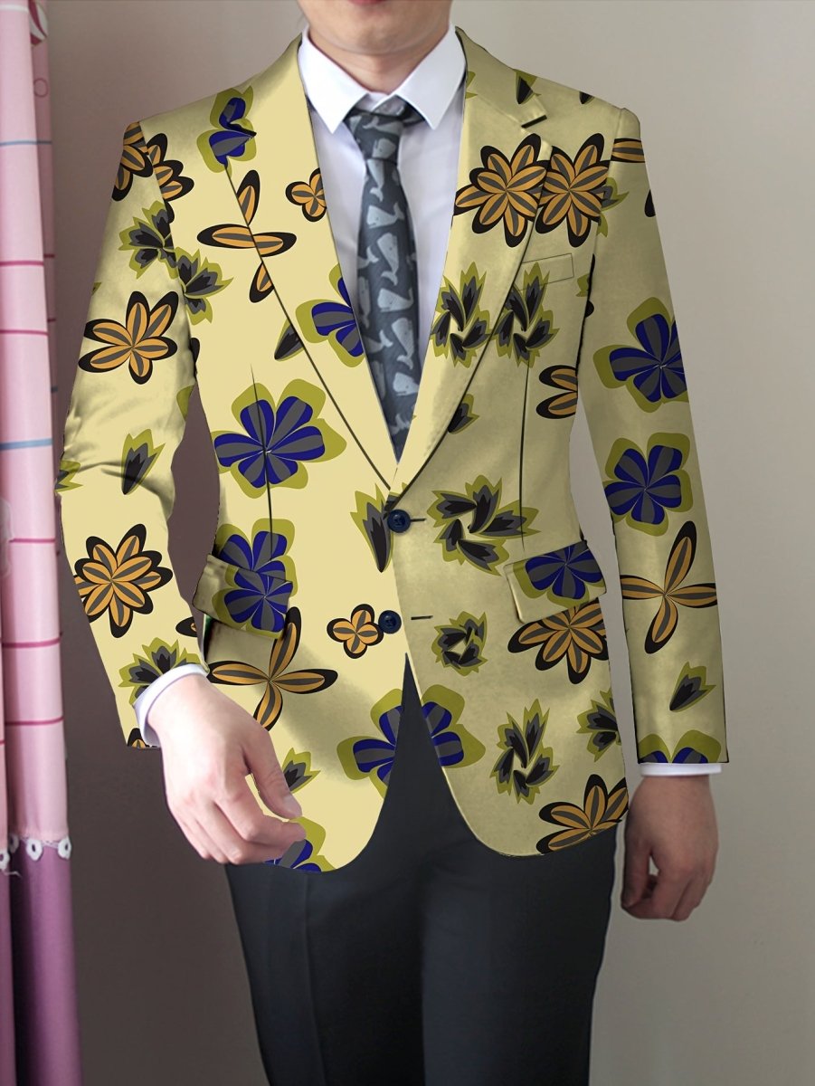 Men'S Skinny Fit Floral Suit Jacket, Polyester Blend with Elastane, Mature Style Lapel Collar, All - Season Versatile, Button Detail, Woven Fabric - Classic Comfort and Elegant Design - SHOWLU FASHION STORE
