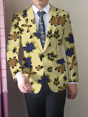 Men'S Skinny Fit Floral Suit Jacket, Polyester Blend with Elastane, Mature Style Lapel Collar, All - Season Versatile, Button Detail, Woven Fabric - Classic Comfort and Elegant Design - SHOWLU FASHION STORE