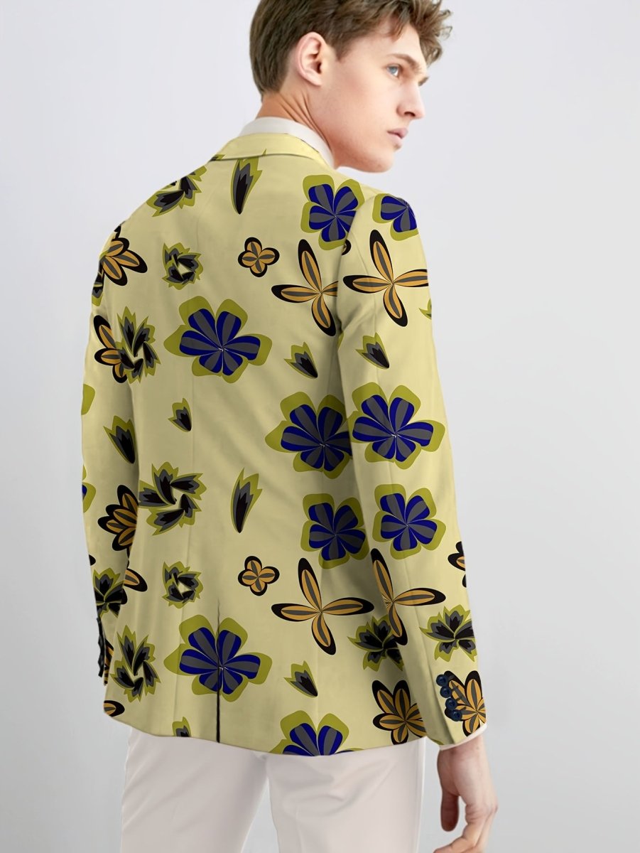 Men'S Skinny Fit Floral Suit Jacket, Polyester Blend with Elastane, Mature Style Lapel Collar, All - Season Versatile, Button Detail, Woven Fabric - Classic Comfort and Elegant Design - SHOWLU FASHION STORE