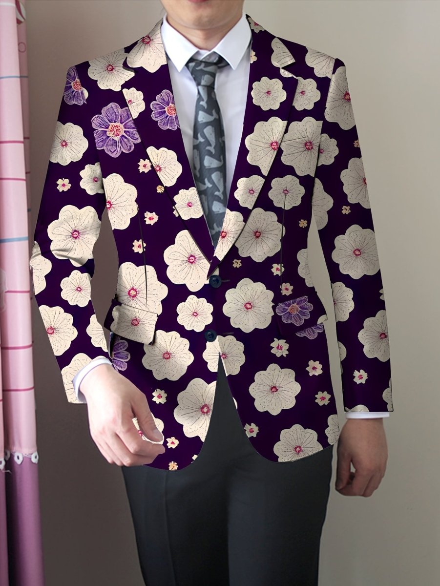 Men'S Skinny Fit Floral Suit Jacket, Polyester Blend with Elastane, Mature Style Lapel Collar, All - Season Versatile, Button Detail, Woven Fabric - Classic Comfort and Elegant Design - SHOWLU FASHION STORE
