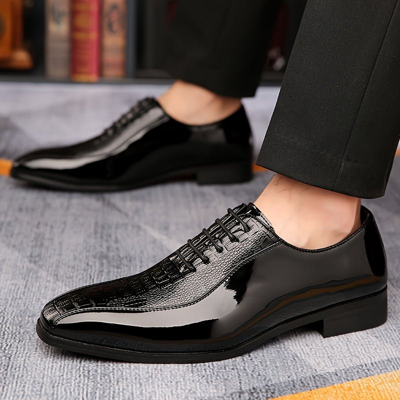 Men's Sleek Black Dress Shoes - Trendy Business & Party Formal Attire with Crocodile Texture, Lace - Up Design, Pointed Toe, Rubber Sole for All Seasons, Event Attire Shoes | Sleek Pointed Toe | Rubber Sole Footwear - SHOWLU FASHION STORE