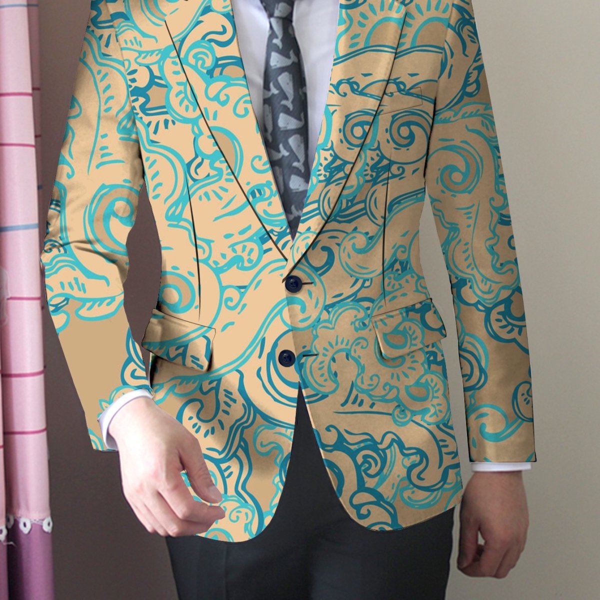 Men's Slim Fit Floral Print Blazer - Stylish Pink & Blue Patterned Jacket with Double - Breasted Buttons, Casual Two - Piece Suit for Business or Formal Occasions, Casual Business Wear | Floral Print Jacket | Glossy Finish - SHOWLU FASHION STORE