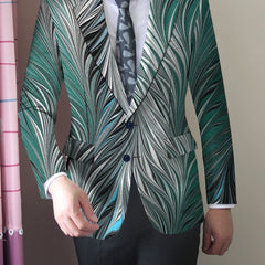 Men's Slim Fit Stylish Printed Blazer - Casual Single Jacket with Vibrant Feather Design, Long Sleeves, and Button Details for Business or Social Events, Social Event Attire | Fitted Suit Jacket | Elastane Fabric - SHOWLU FASHION STORE
