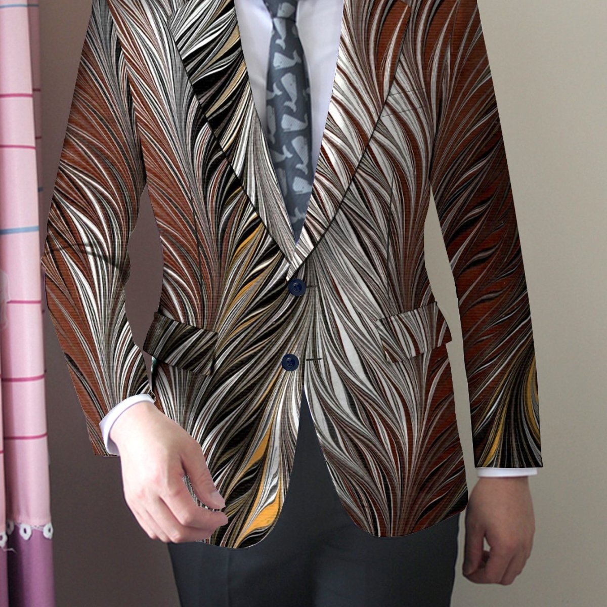 Men's Slim Fit Stylish Printed Blazer - Casual Single Jacket with Vibrant Feather Design, Long Sleeves, and Button Details for Business or Social Events, Social Event Attire | Fitted Suit Jacket | Elastane Fabric - SHOWLU FASHION STORE