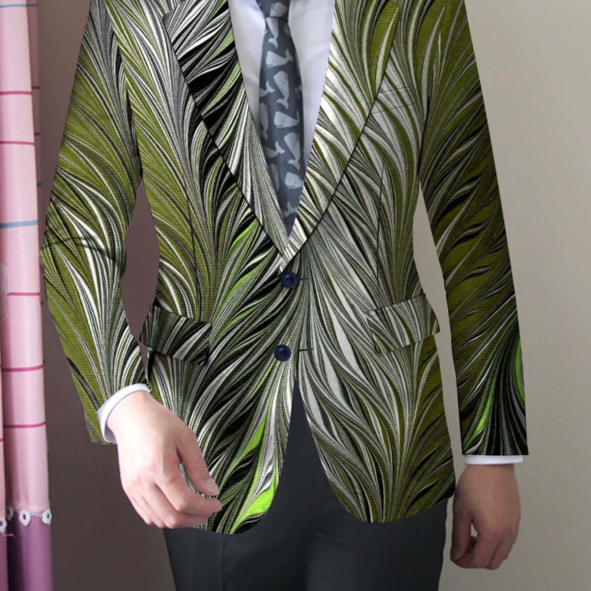 Men's Slim Fit Stylish Printed Blazer - Casual Single Jacket with Vibrant Feather Design, Long Sleeves, and Button Details for Business or Social Events, Social Event Attire | Fitted Suit Jacket | Elastane Fabric - SHOWLU FASHION STORE