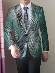 Men's Slim Fit Stylish Printed Blazer - Casual Single Jacket with Vibrant Feather Design, Long Sleeves, and Button Details for Business or Social Events, Social Event Attire | Fitted Suit Jacket | Elastane Fabric - SHOWLU FASHION STORE