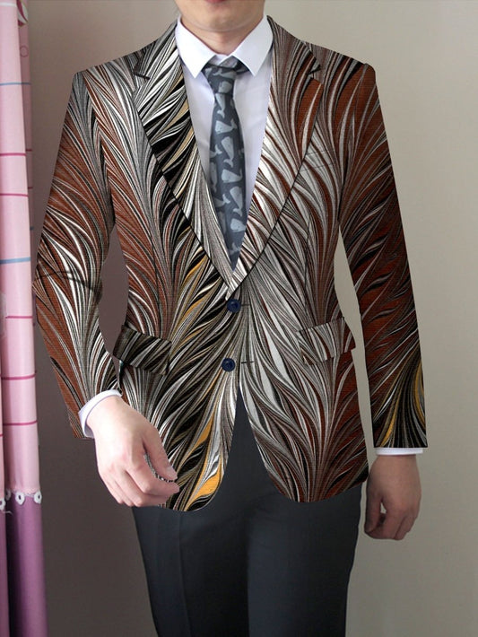 Men's Slim Fit Stylish Printed Blazer - Casual Single Jacket with Vibrant Feather Design, Long Sleeves, and Button Details for Business or Social Events, Social Event Attire | Fitted Suit Jacket | Elastane Fabric - SHOWLU FASHION STORE