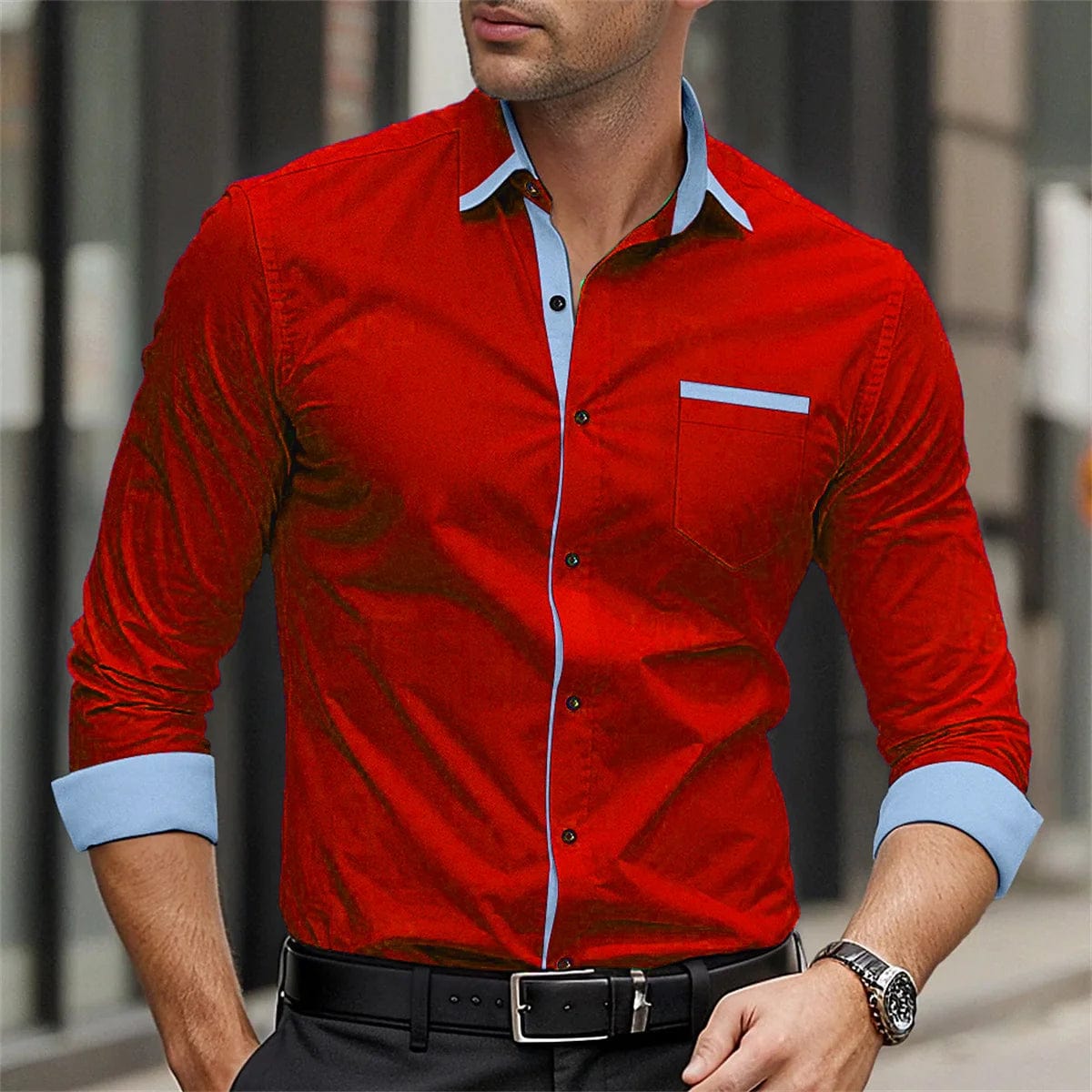 Men's solid color formal shirt, business casual printed shirt, button up lapel long sleeved shirt, fashionable street men's top - SHOWLU FASHION STORE