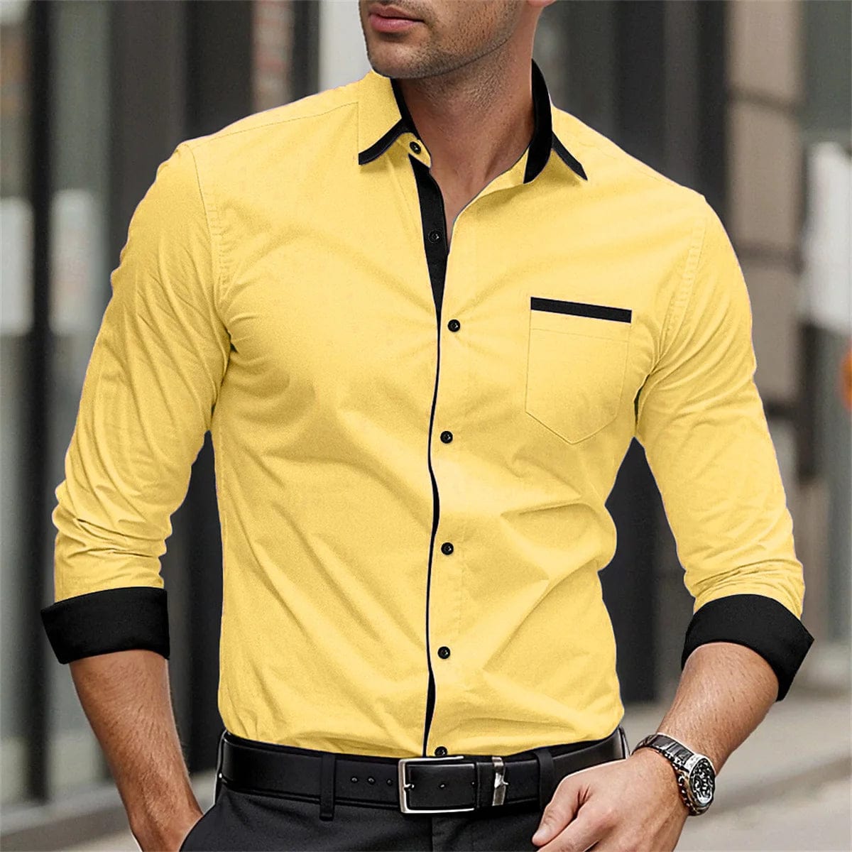 Men's solid color formal shirt, business casual printed shirt, button up lapel long sleeved shirt, fashionable street men's top - SHOWLU FASHION STORE