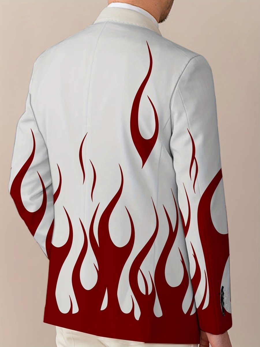 Men's Stylish Flame Print Blazer - White & Red Jacket with Lapel Collar, Elegant Polyester Blend for All Seasons, Perfect for Formal or Semi - Formal Attire - SHOWLU FASHION STORE