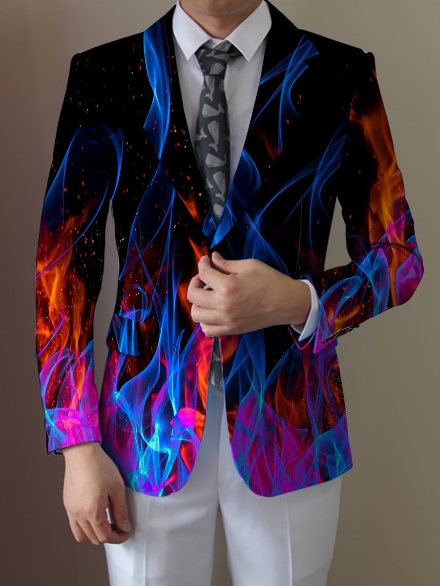 Men's Stylish Flame Print Blazer - White & Red Jacket with Lapel Collar, Elegant Polyester Blend for All Seasons, Perfect for Formal or Semi - Formal Attire - SHOWLU FASHION STORE