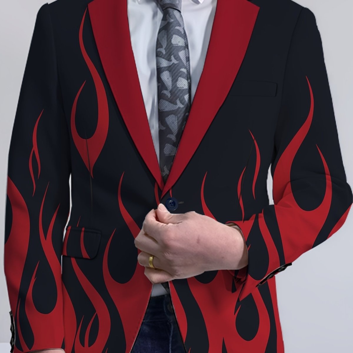 Men's Stylish Flame Print Blazer - White & Red Jacket with Lapel Collar, Elegant Polyester Blend for All Seasons, Perfect for Formal or Semi - Formal Attire - SHOWLU FASHION STORE