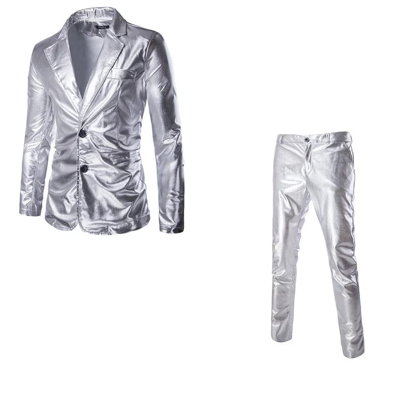 Men's Suit Slim Fit 2 Button 2 Piece Set Solid Shiny Party Gold Silver Black Suit For Men Wedding Prom Blazer Jacket & Pants - SHOWLU FASHION STORE