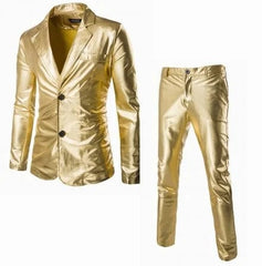 Men's Suit Slim Fit 2 Button 2 Piece Set Solid Shiny Party Gold Silver Black Suit For Men Wedding Prom Blazer Jacket & Pants - SHOWLU FASHION STORE