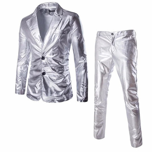 Men's Suit Slim Fit 2 Button 2 Piece Set Solid Shiny Party Gold Silver Black Suit For Men Wedding Prom Blazer Jacket & Pants - SHOWLU FASHION STORE