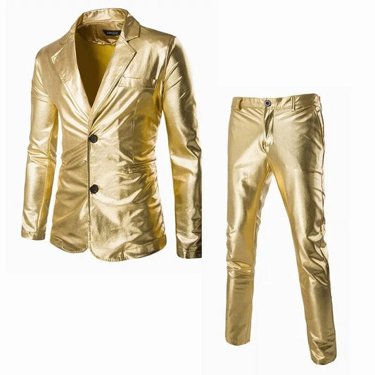 Men's Suit Slim Fit 2 Button 2 Piece Set Solid Shiny Party Gold Silver Black Suit For Men Wedding Prom Blazer Jacket & Pants - SHOWLU FASHION STORE