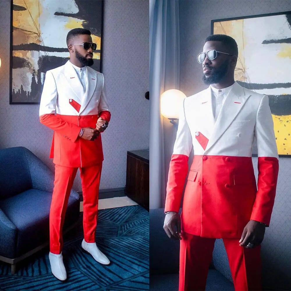 Men's Suits 2 Pieces White Red Splicing Slim Fit Groom Wedding Formal Party Wear Traje Americana Hombre - SHOWLU FASHION STORE