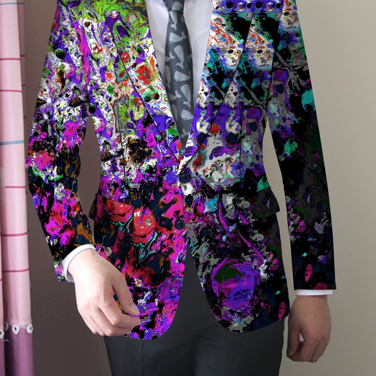 Men'S Trendy American Style Casual Suit Jacket, Polyester 100% with Slight Stretch, All - Season Lapel Collar, Regular Fit, Woven Fabric, 280gsm, Button Detail, Mature Skinny Fit Design - SHOWLU FASHION STORE