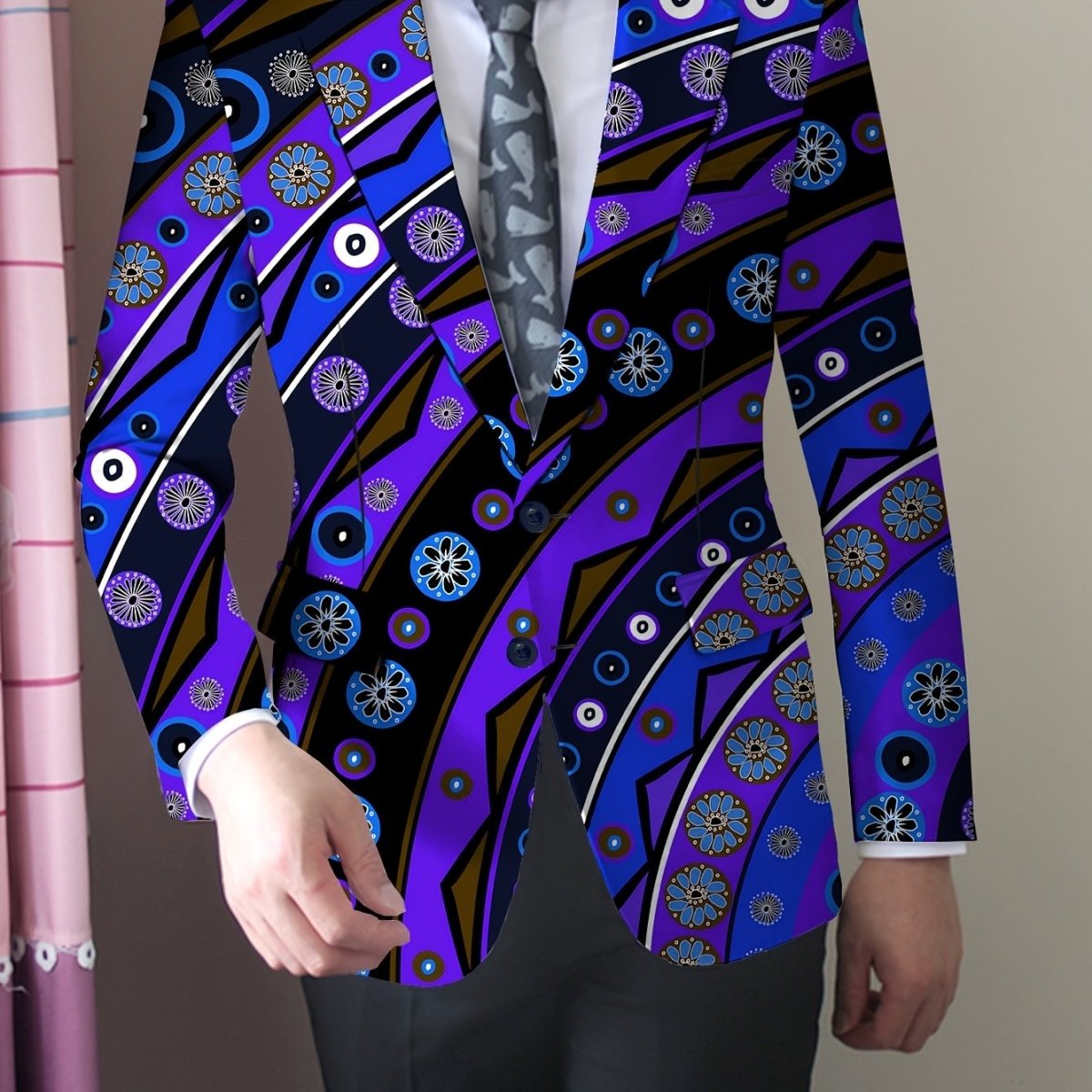 Men'S Trendy Polyester Blazer, 95% Polyester 5% Elastane, All - Season Skinny Fit, Mature Lapel Collar, Woven Fabric, 280g/m² Weight, Button Detail, Regular Fit Jacket - SHOWLU FASHION STORE